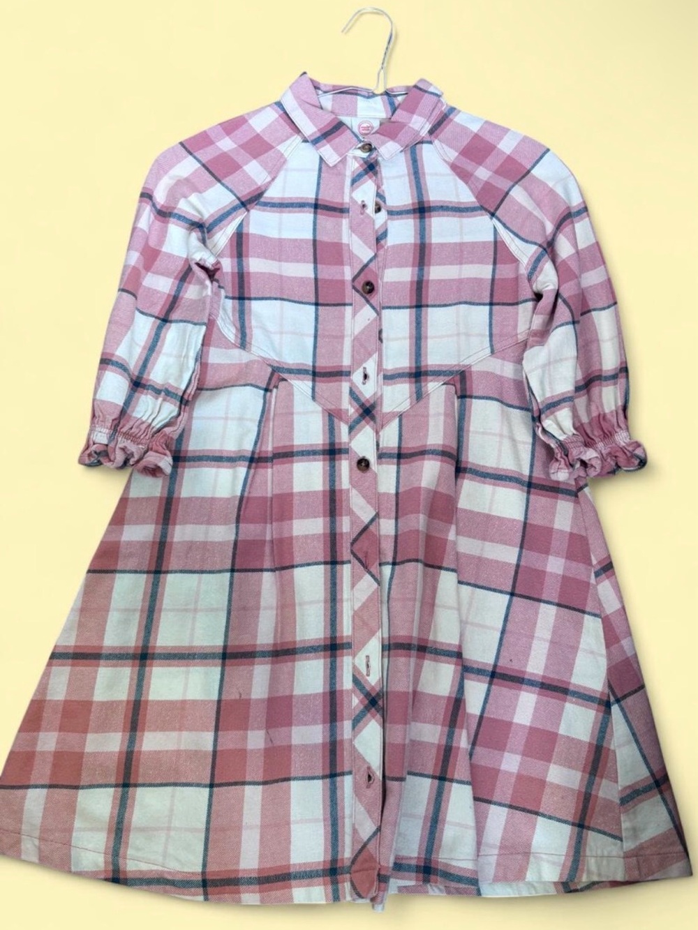 Girls Pink Plaid Button-Front Dress